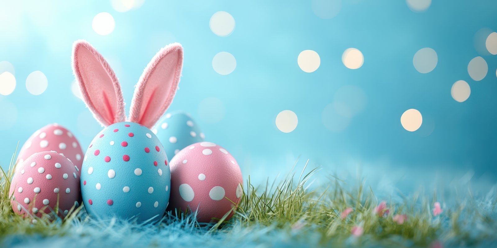 Colorful Easter eggs with bunny ears in soft grass under sparkling lights